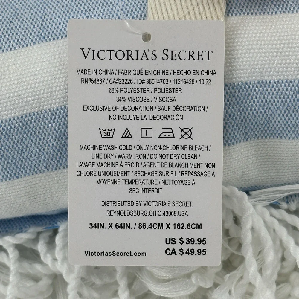 Victoria Secret Beach Blanket Blue White Stripe Fringe Tassels 34 x 64 Fold Up